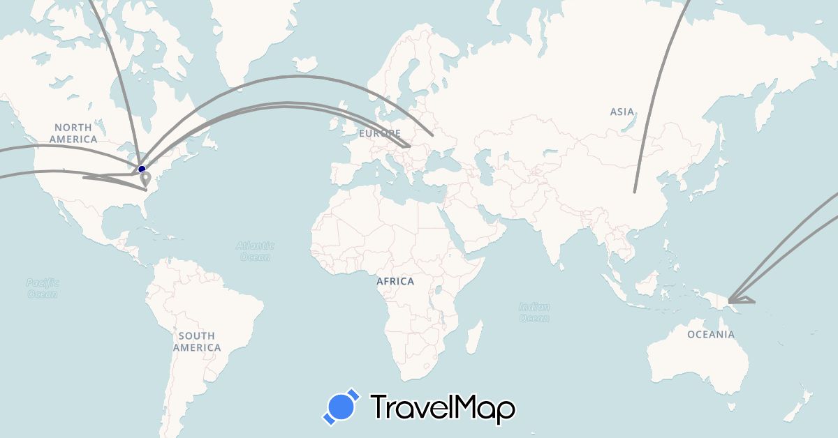 TravelMap itinerary: driving, plane in China, Hungary, Papua New Guinea, Ukraine, United States (Asia, Europe, North America, Oceania)